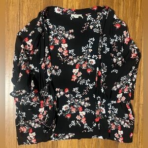 LOFT Kimono Black and Red Floral Blouse